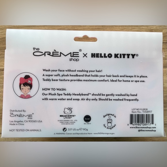 NIP Hello Kitty The Creme Shop Plush Spa Headband Red White Gingham Skincare - Picture 2 of 2